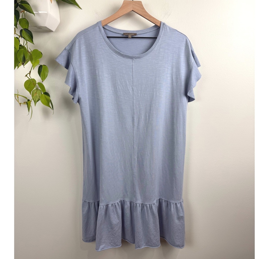 Lilla P Flutter Sleeve Ruffle Hem T-Shirt Dress Blue L Elevated Casual Coastal